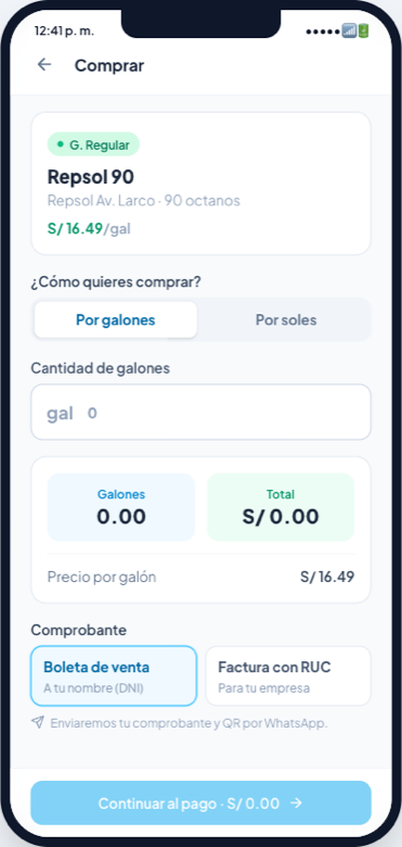Compra por galones o soles