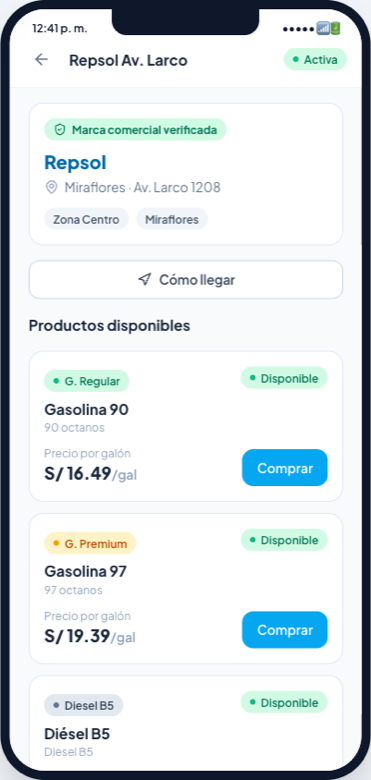Detalle de estación con productos y precios