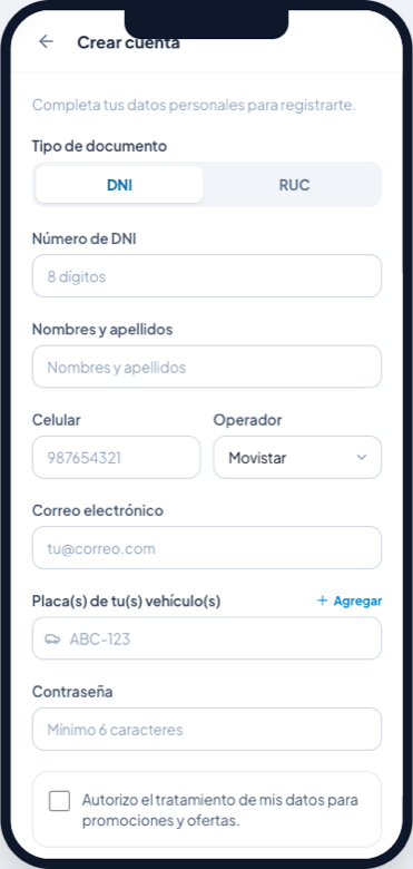 Registro con datos y autorización